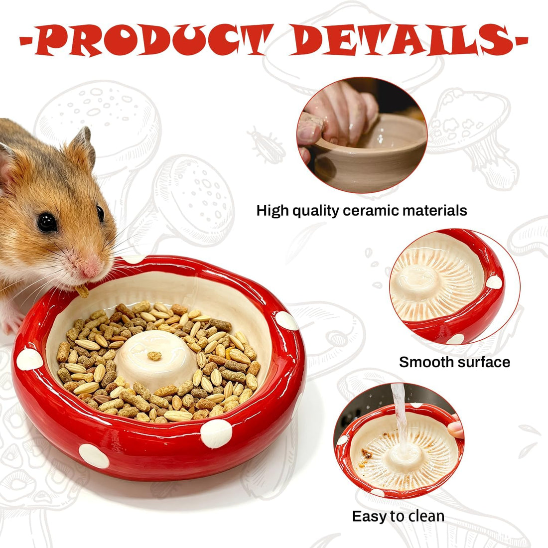 Hamster Mushroom Cap Shape Ceramic Food Bowl, Anti-Spill Non-Tip
