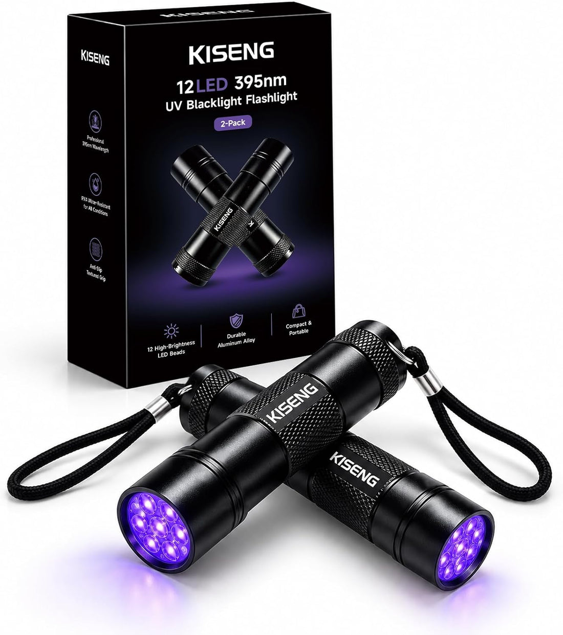 2 Pack 395nm 12 LED Handheld UV Mini Flashlight