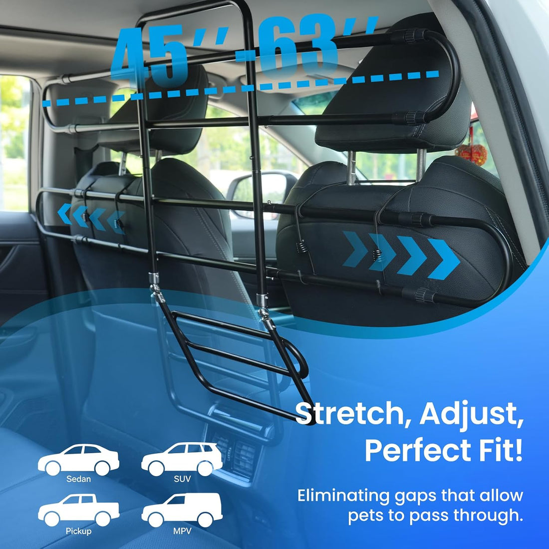 Dog Car Barrier,45"–63" Width Adjustable with 5 Hooks