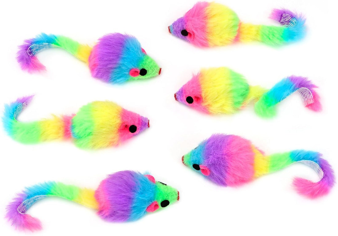 CHIWAVA 36PCS 1.8" Rainbow Color Furry Cat Toy Mice with Rattle