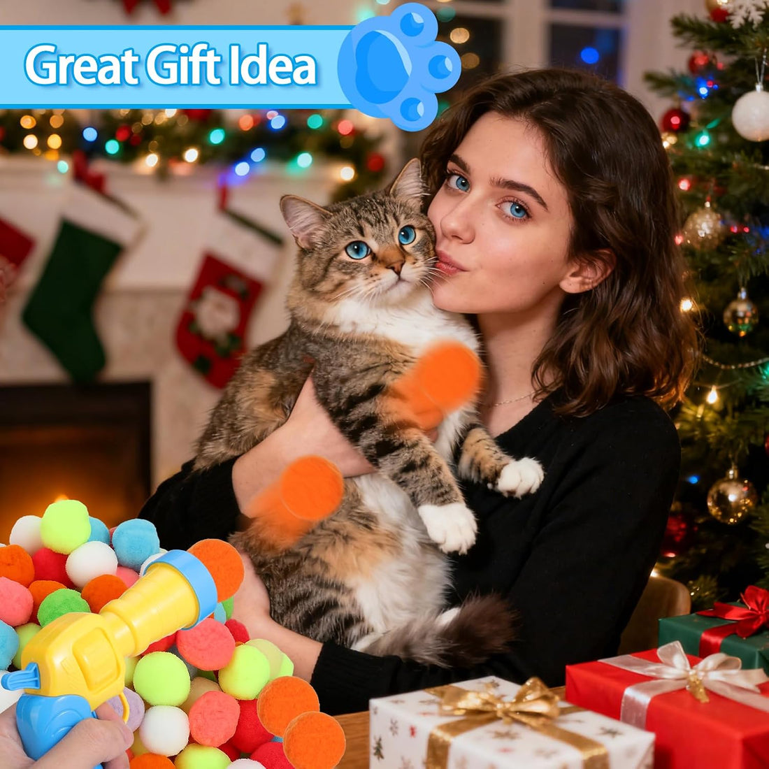 Mity rain 102PCS Cat Ball Launchers & Pom Pom Balls Interactive Cat