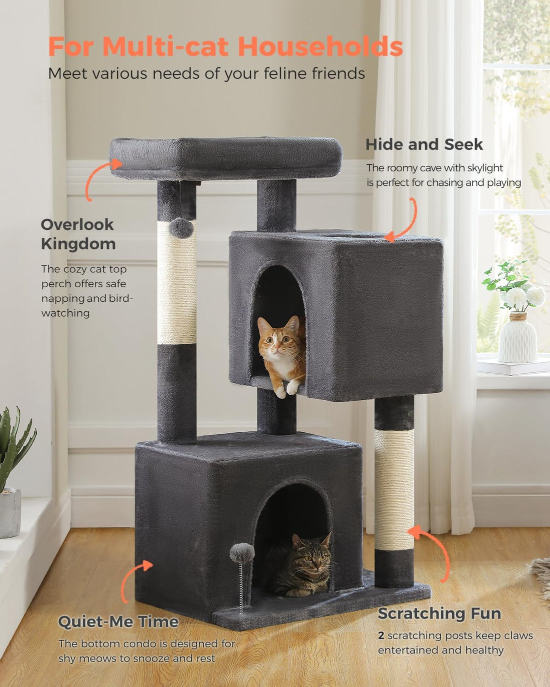 XL Cat Tree 44" Cat Tower for Large Cats 20 lbs, 2 Spacious Caves