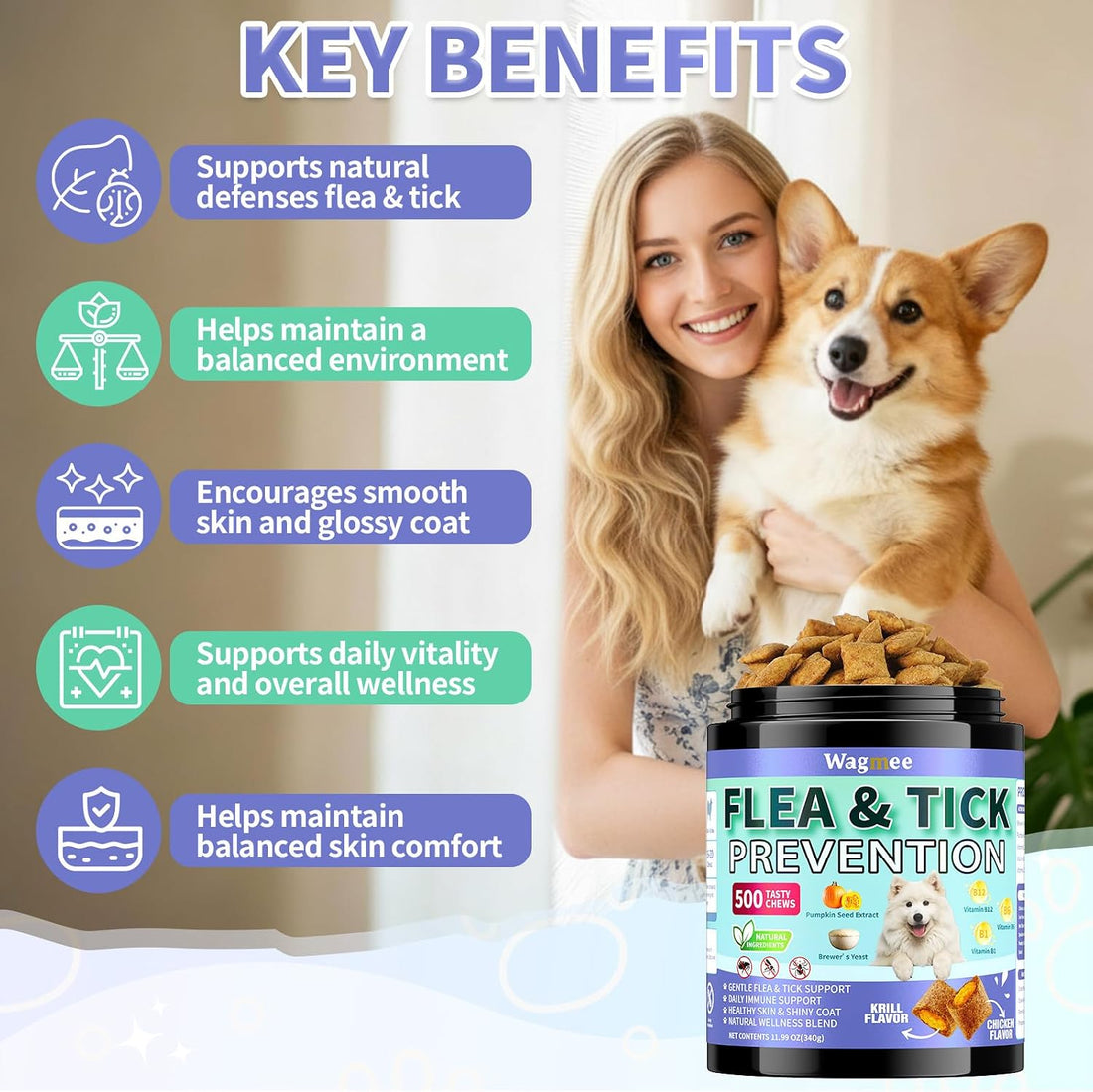 Flea and Tick Prevention for Dogs, 500 Crunchy Tasty Chews