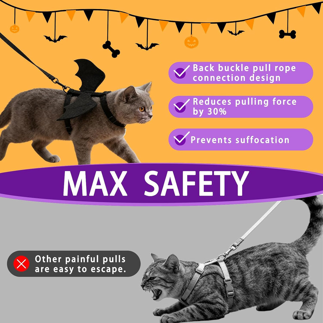 Cat Harness and Leash with Bat Wings, Escape Proof Leash (S)