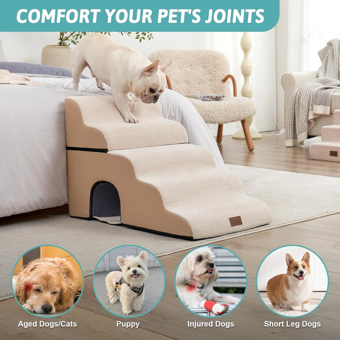 COZY KISS Extra Wide Dog Stairs with Tunnel