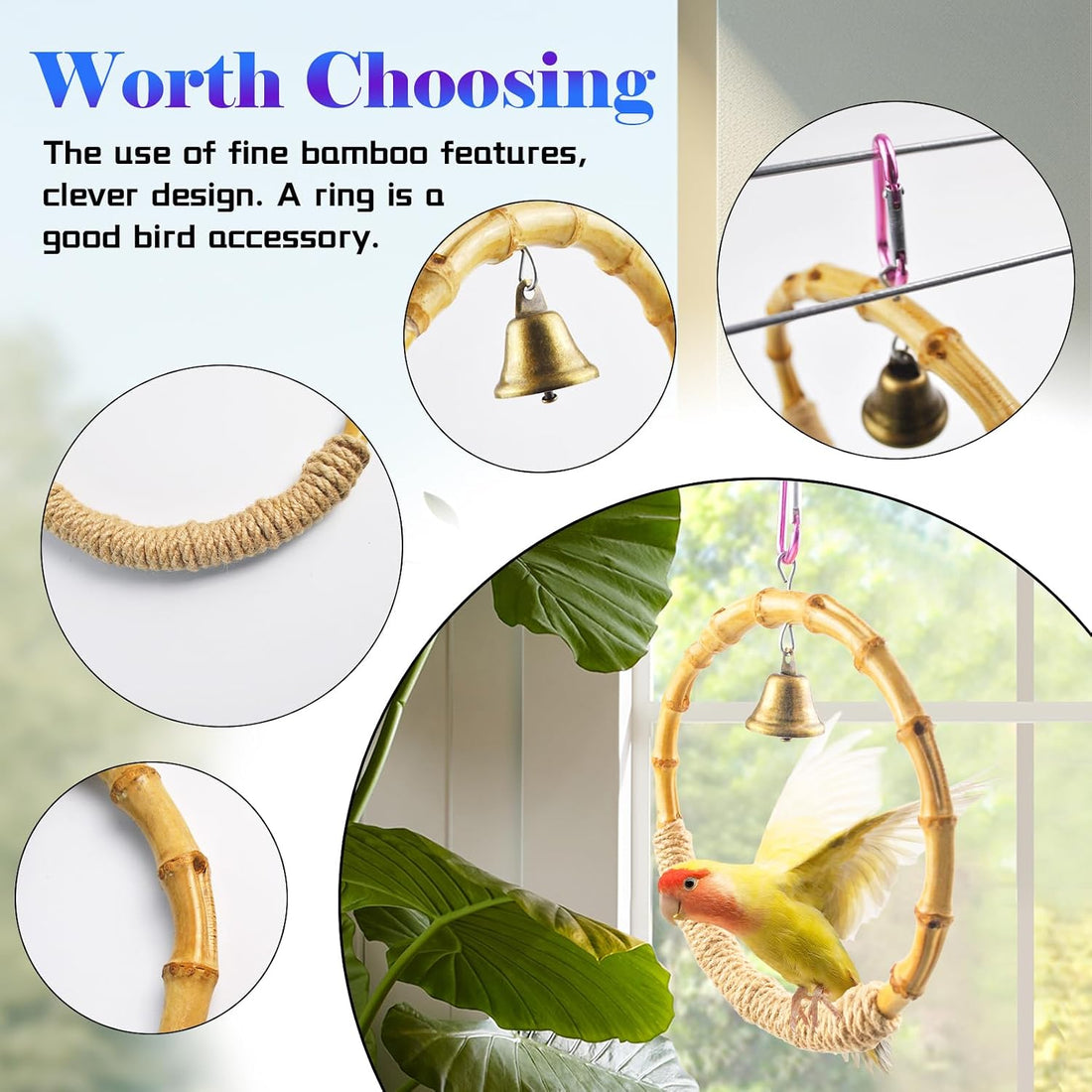 MUYG Bamboo Ring Bird Swing Perch,Large Circle Cage Hanging Toys,Bird