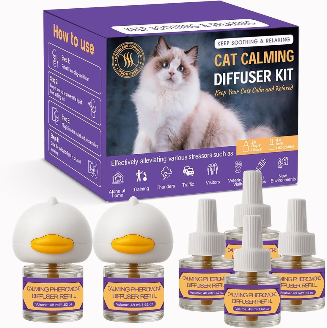 Cat Calming Pheromone Diffuser Kit – 2 Plug-Ins & 4 Refills