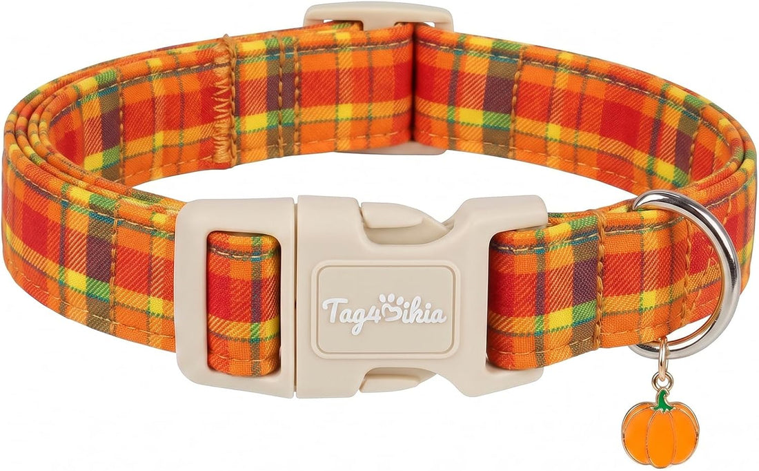 Dog Collar with Orange and Blue Plaid-M
