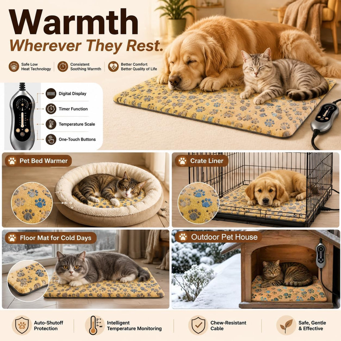 Heated Cat Bed Pet Heating Pad for Cats Dogs w Adjustable Temp & Timer