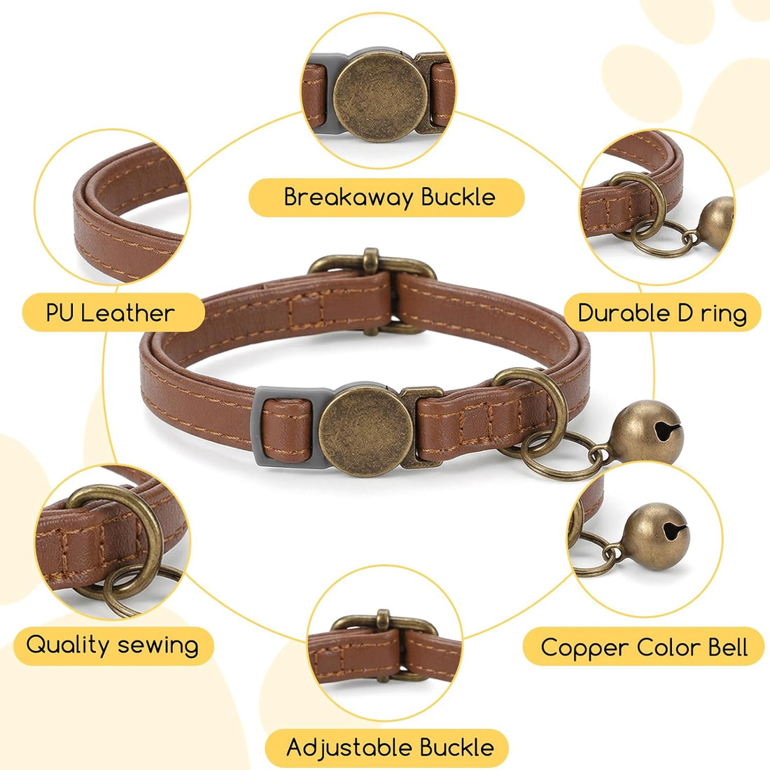2 Pcs Leather Cat Collar Adjustable Breakaway Dog Collar with Bell