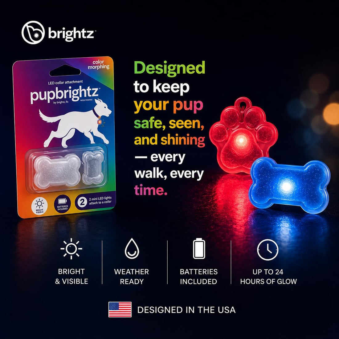 Brightz PupBrightz LED Dog Collar Charms, Paw & Bone, 2-Pack