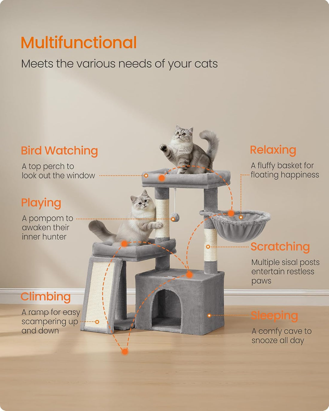 Feandrea Cat Tree, 33.8" Cat Tower, Scratching Posts and Ramp