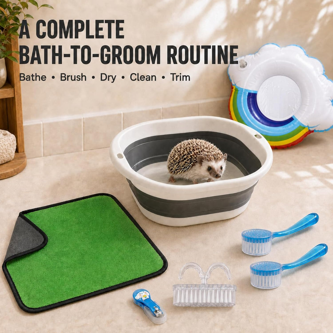 7-Piece Hedgehog Bath Supplies Kit with Foldable Tub and 3 Brushes
