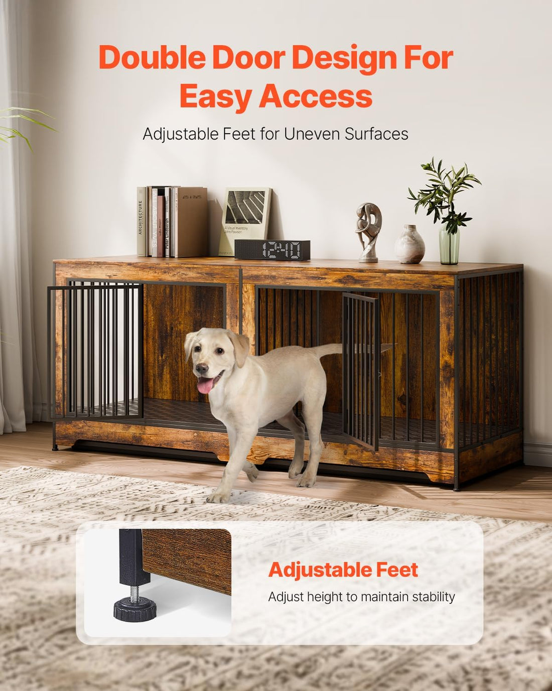 VEVOR 75 inch Dog Crate Furniture for 2 Dogs, Divider, Double Doors