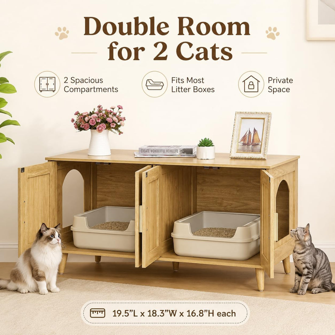 Homhedy Boho Cat Litter Box Enclosure for 2 Cats