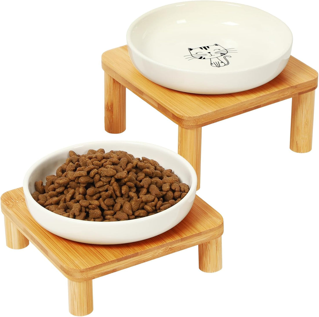 DoogCat Raised Cat Bowl, Elevated Cat Bowls with Bamboo Stand