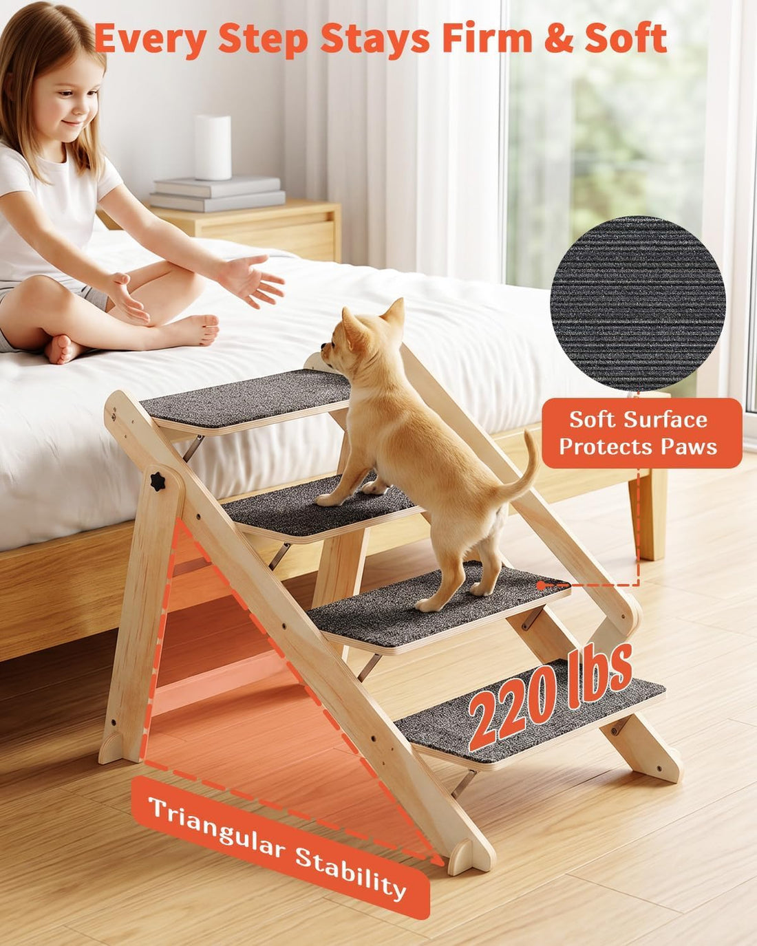 Woodure Foldable Dog Stairs, Convertible 4-Step Wooden Dog Ramp