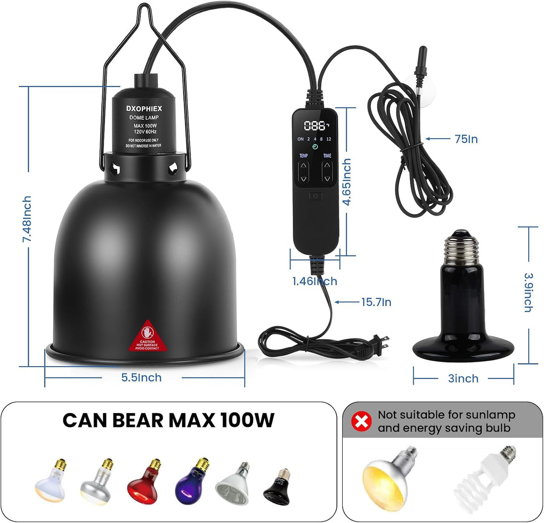 DXOPHIEX 5.5inch Deep Reptile Light Fixture with Thermostat and Timer