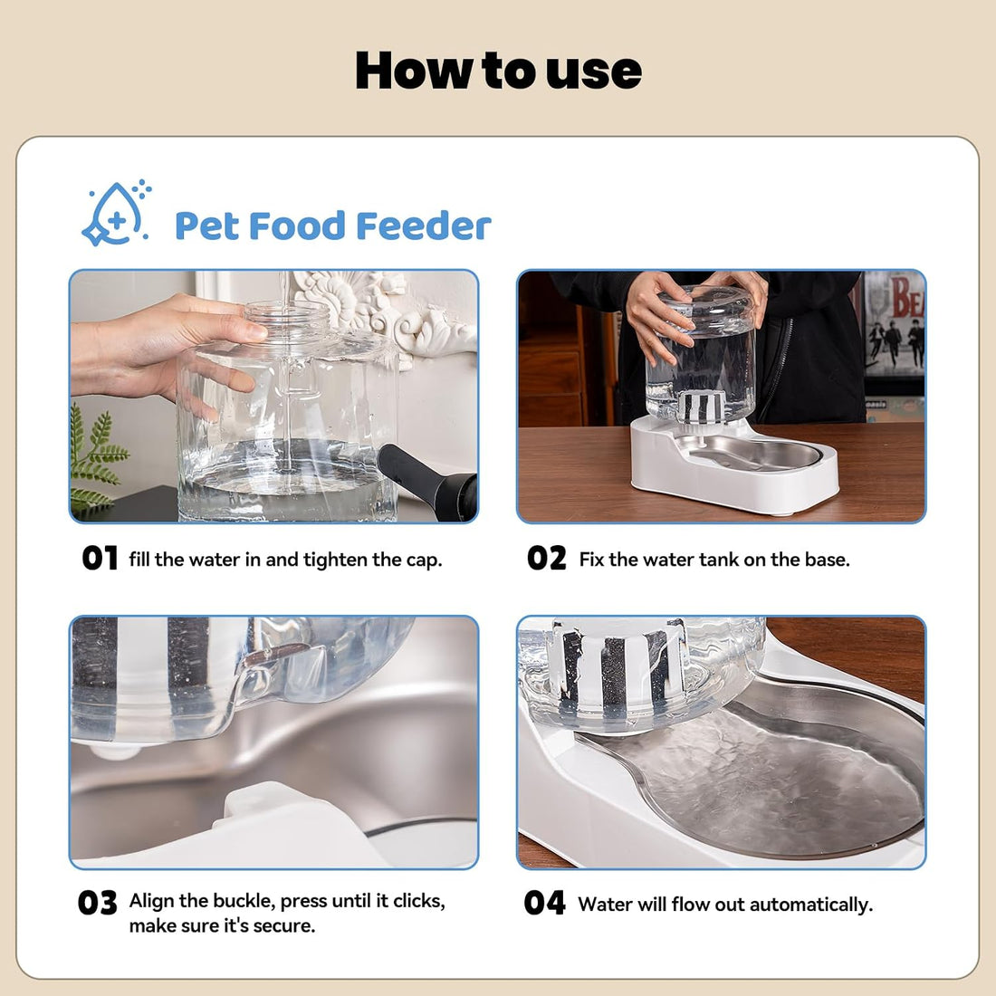 JUNSPOW Automatic Cat Water Dispenser with Stainless Steel Bowl
