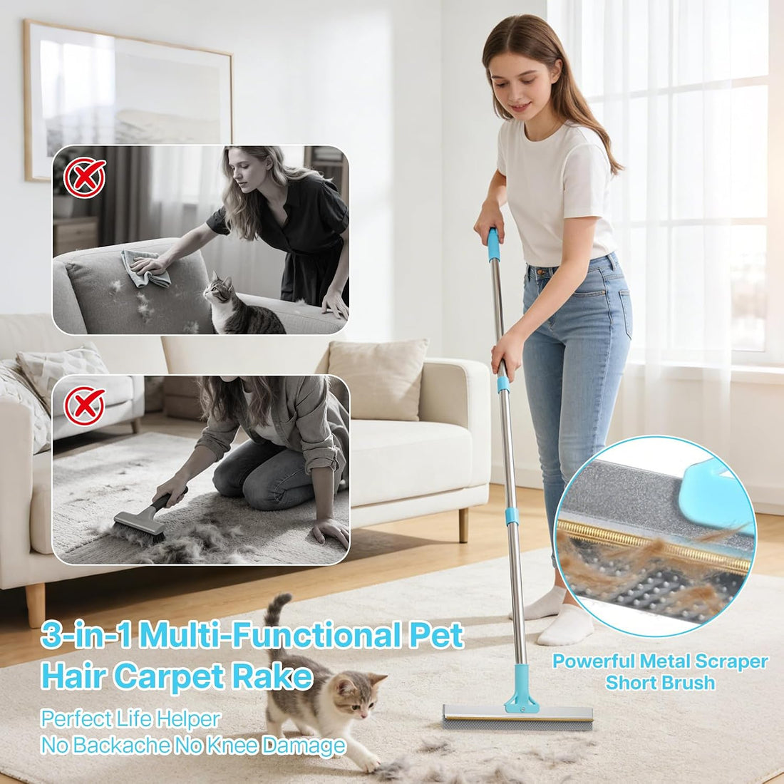 3PCS Carpet Rake for Pet Hair Removal, 54” Adjustable Long Handle