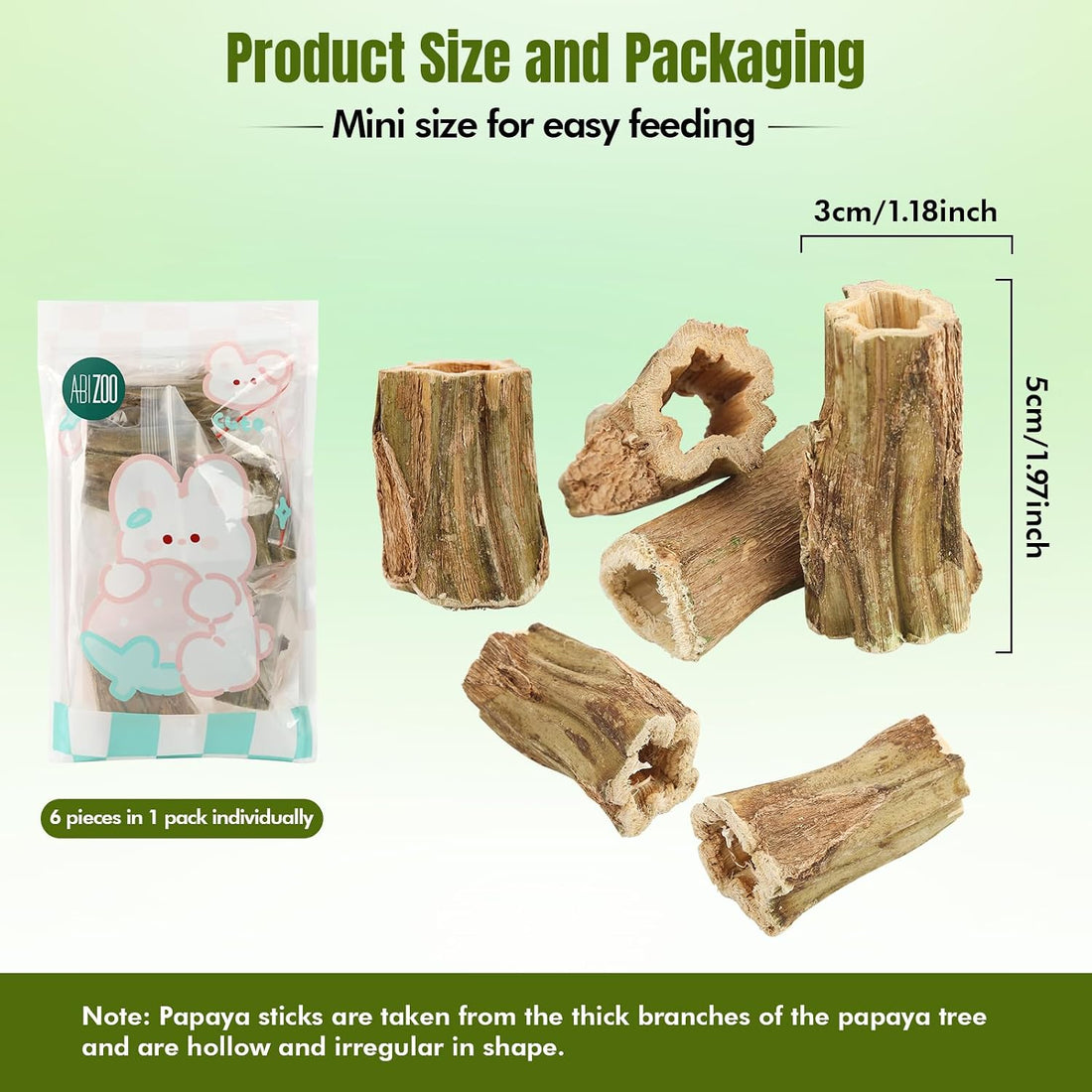 Abizoo Natural Bunny Chew Toys,6 Pcs Organic Papaya Wood Sticks Chew