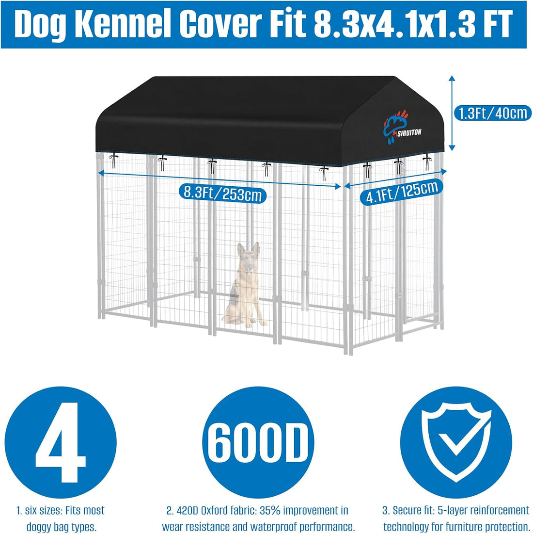 SIRUITON 8x4FT Outdoor Dog Kennel Replacement Cover,Heavy Duty 600D
