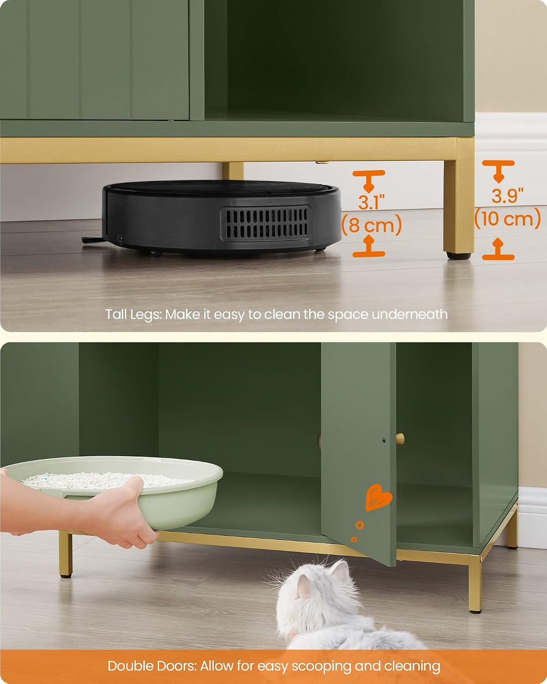 Feandrea Cat Litter Box Enclosure, with Scratching Mat, Tall Legs