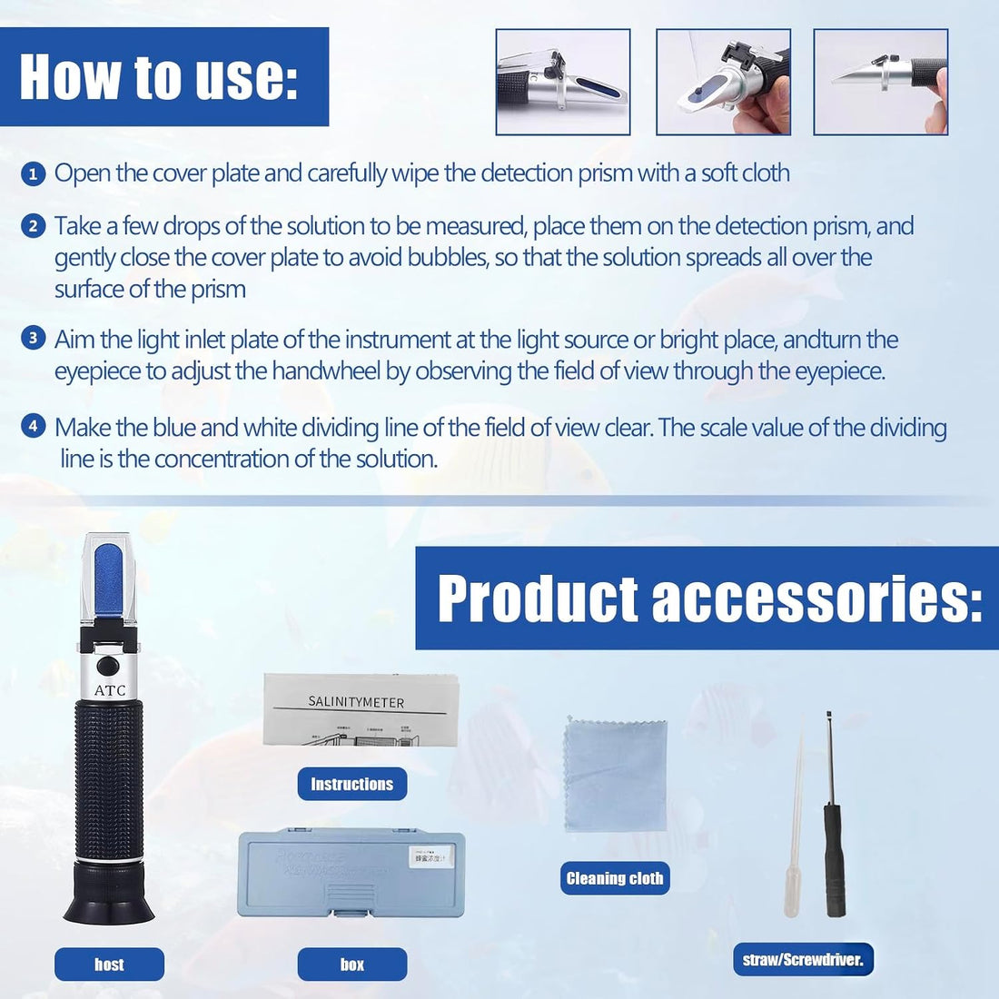 Salinity Refractometer with ATC, 0-100PPT & 1.000-1.070 SG
