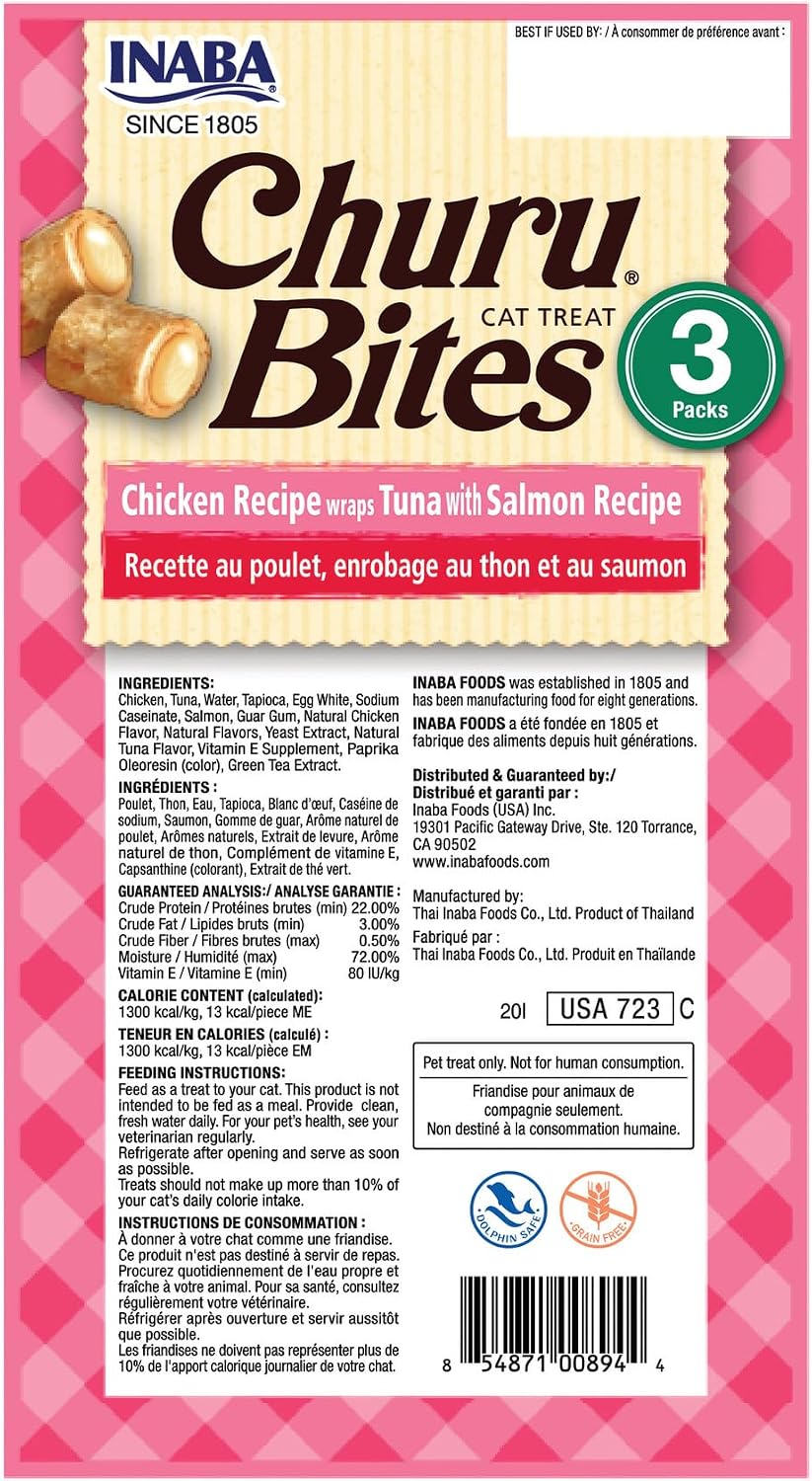 INABA Churu Bites Soft & Chewy Cat Treats, Tuna Salmon, 18ct