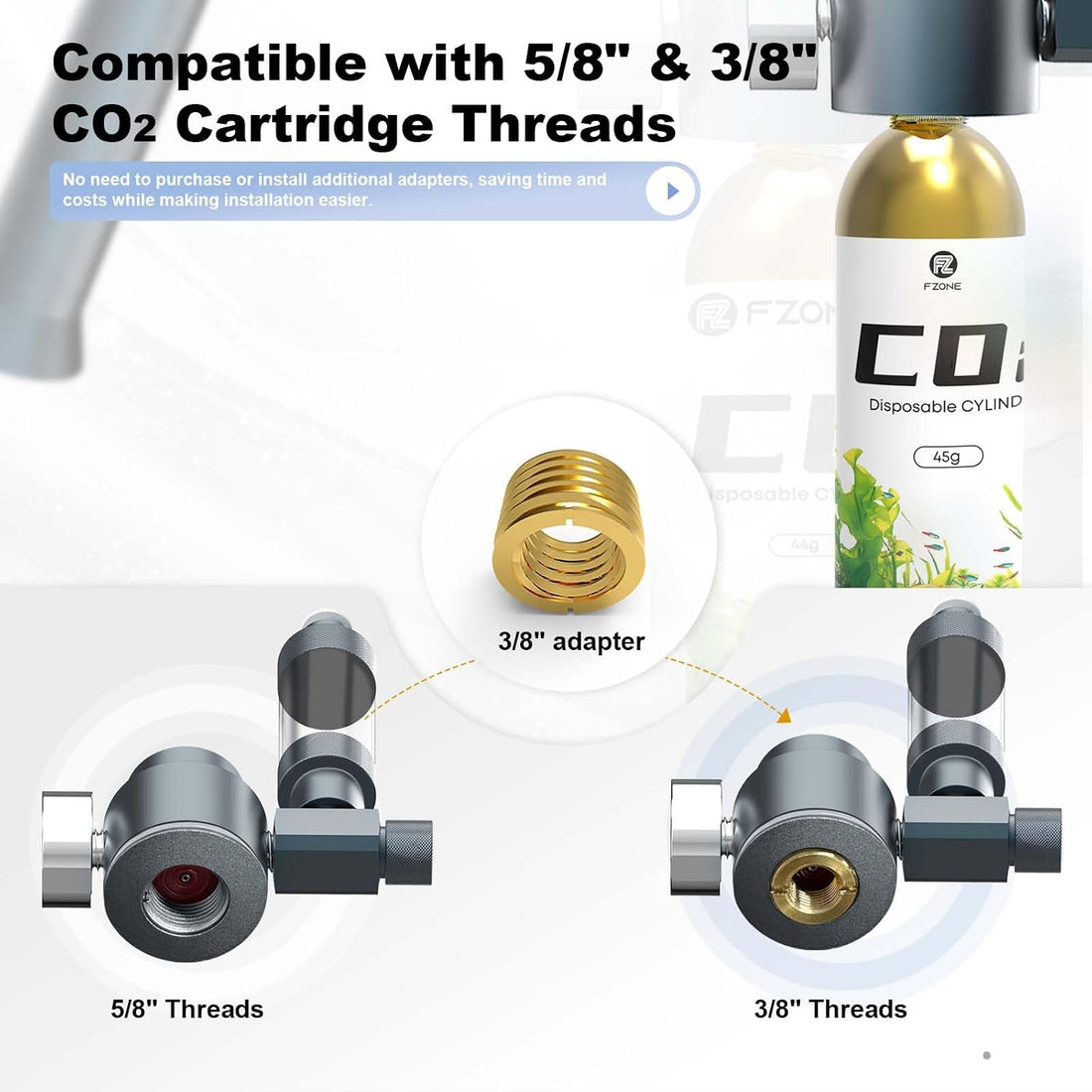 FZONE Desktop Aquarium CO2 System,45g CO2 Cartridge,5/8" & 3/8"