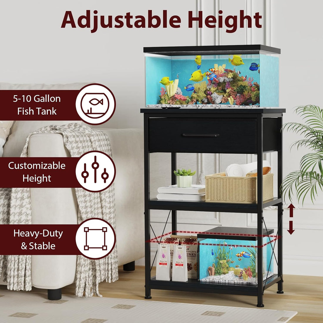 5-10 Gallon Fish Tank Stand with Adjustable Height and Drawer