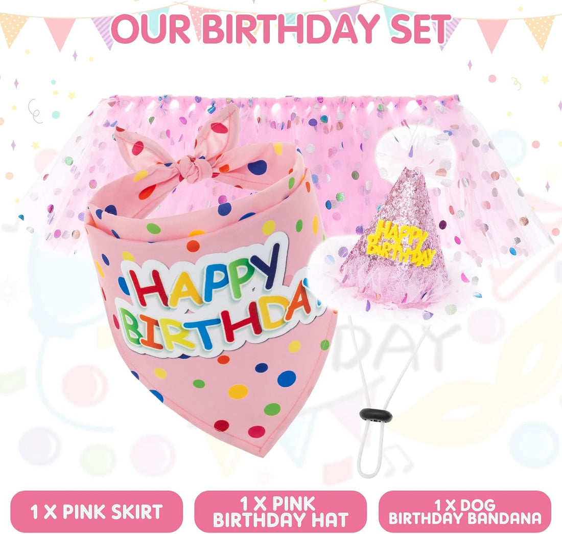 SCENEREAL Dog Birthday Bandana with Hat and Dress Girl Set