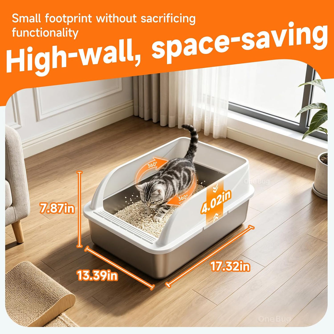 OneBug Stainless Steel High Sides Cat Litter Box with Scoop
