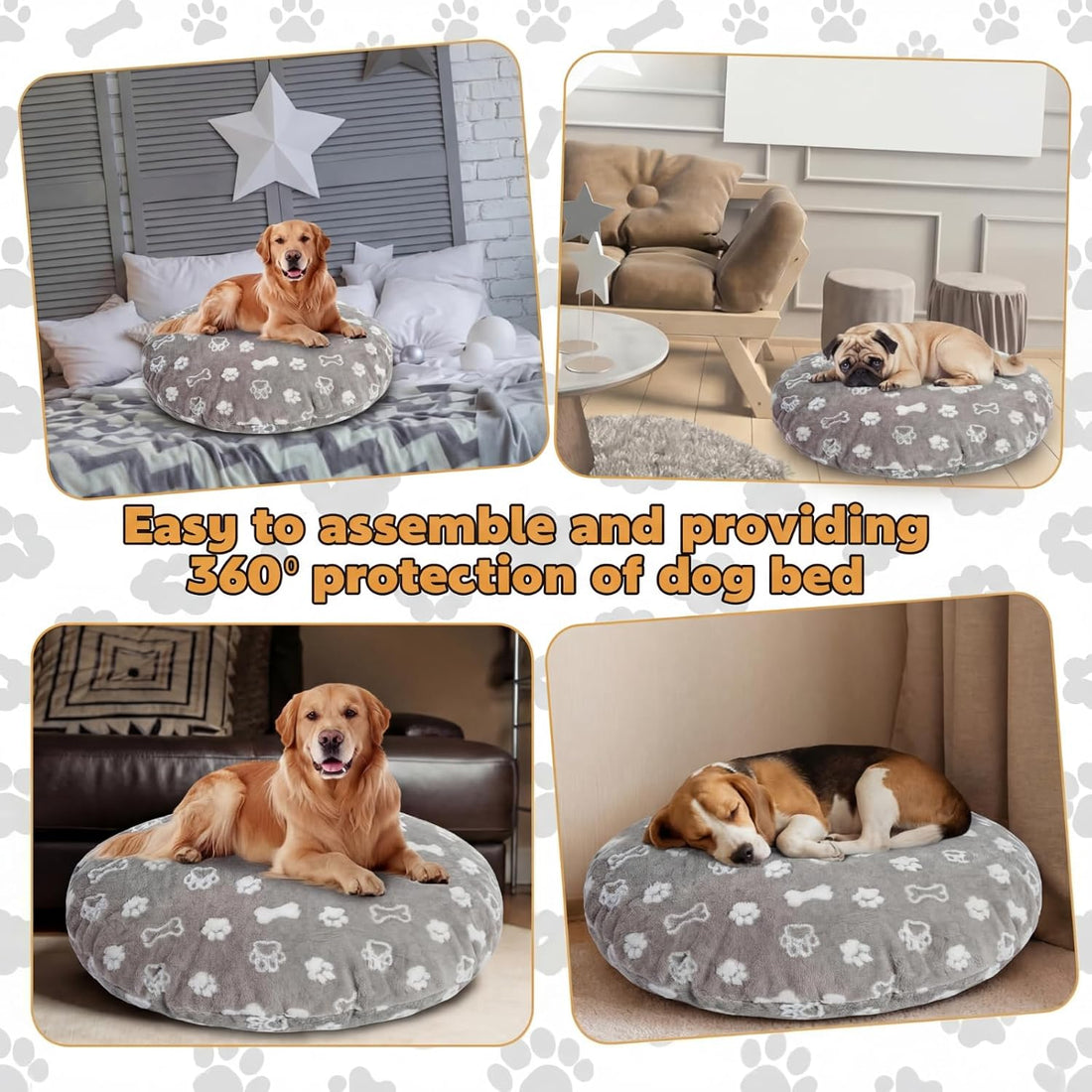 Oudain Washable Round Dog Bed Cover 30 x 30 x 10 Gray Paw Bone Prints