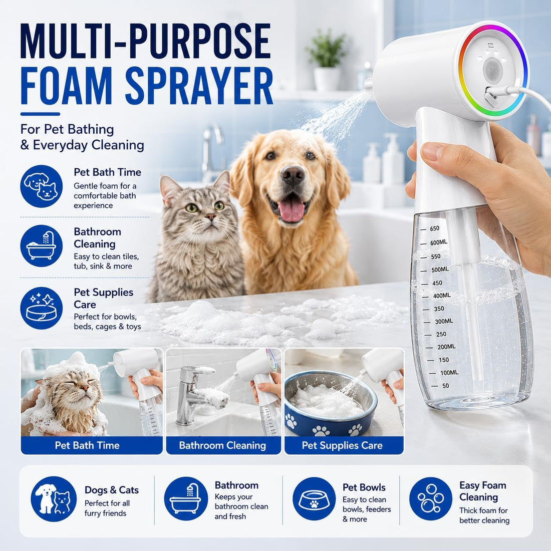 650ml Electric Dog Shampoo Dispenser, Rechargeable Foam Sprayer