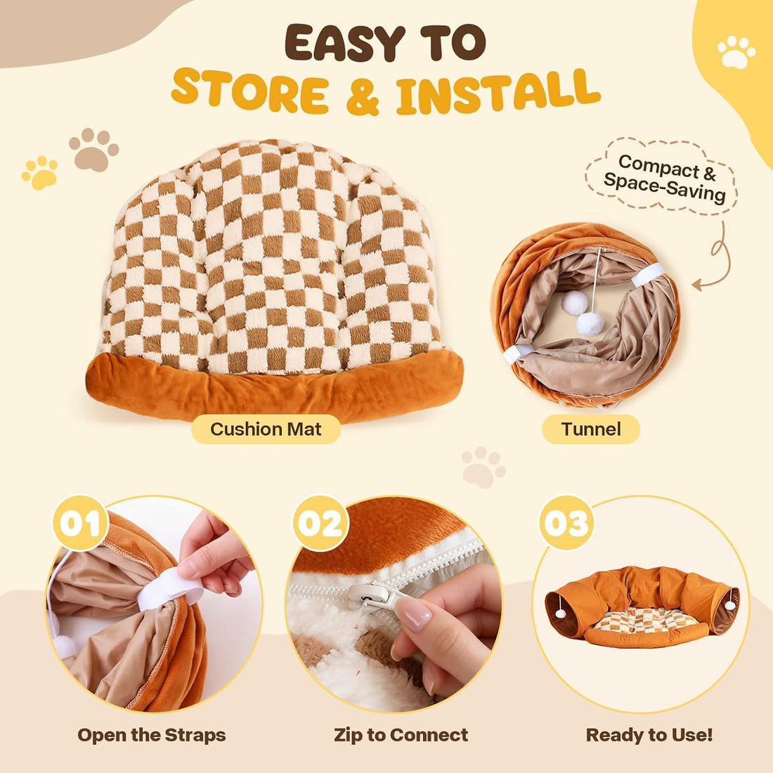 Bunny Tunnel for Rabbits, 2-in-1 Rabbit Tube Toys with Removable Mat