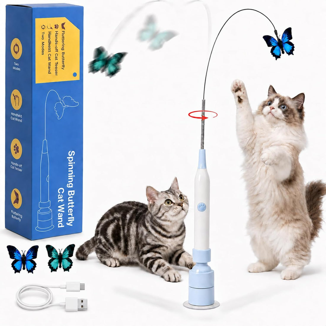 Interactive Butterfly Cat Toy Dual Mode Suction Wand Indoor Cats