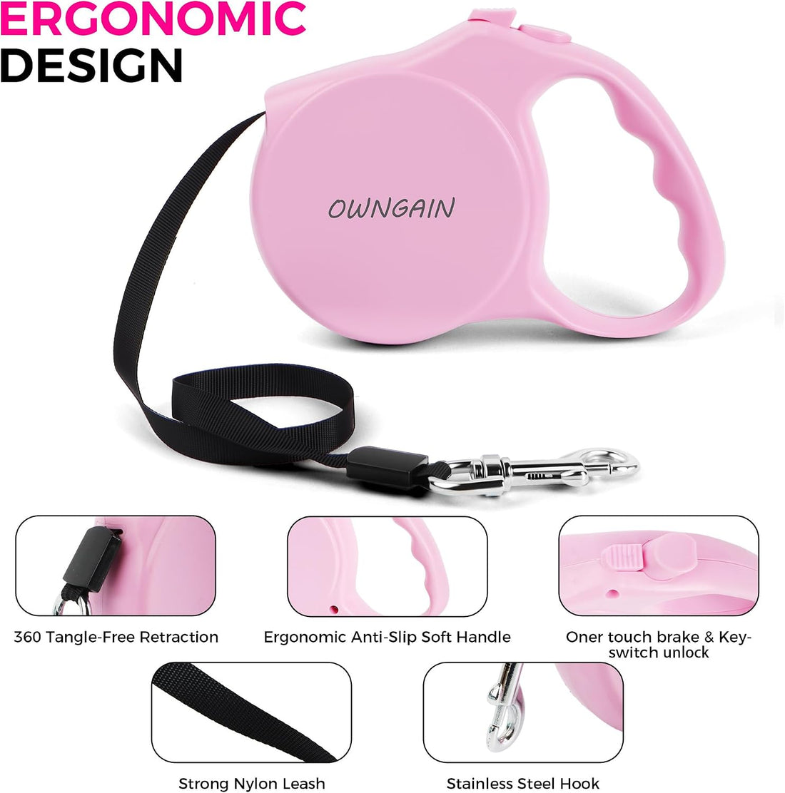 Pink Retractable Dog Leash,Strong Nylon Tape-One-Handed One Button