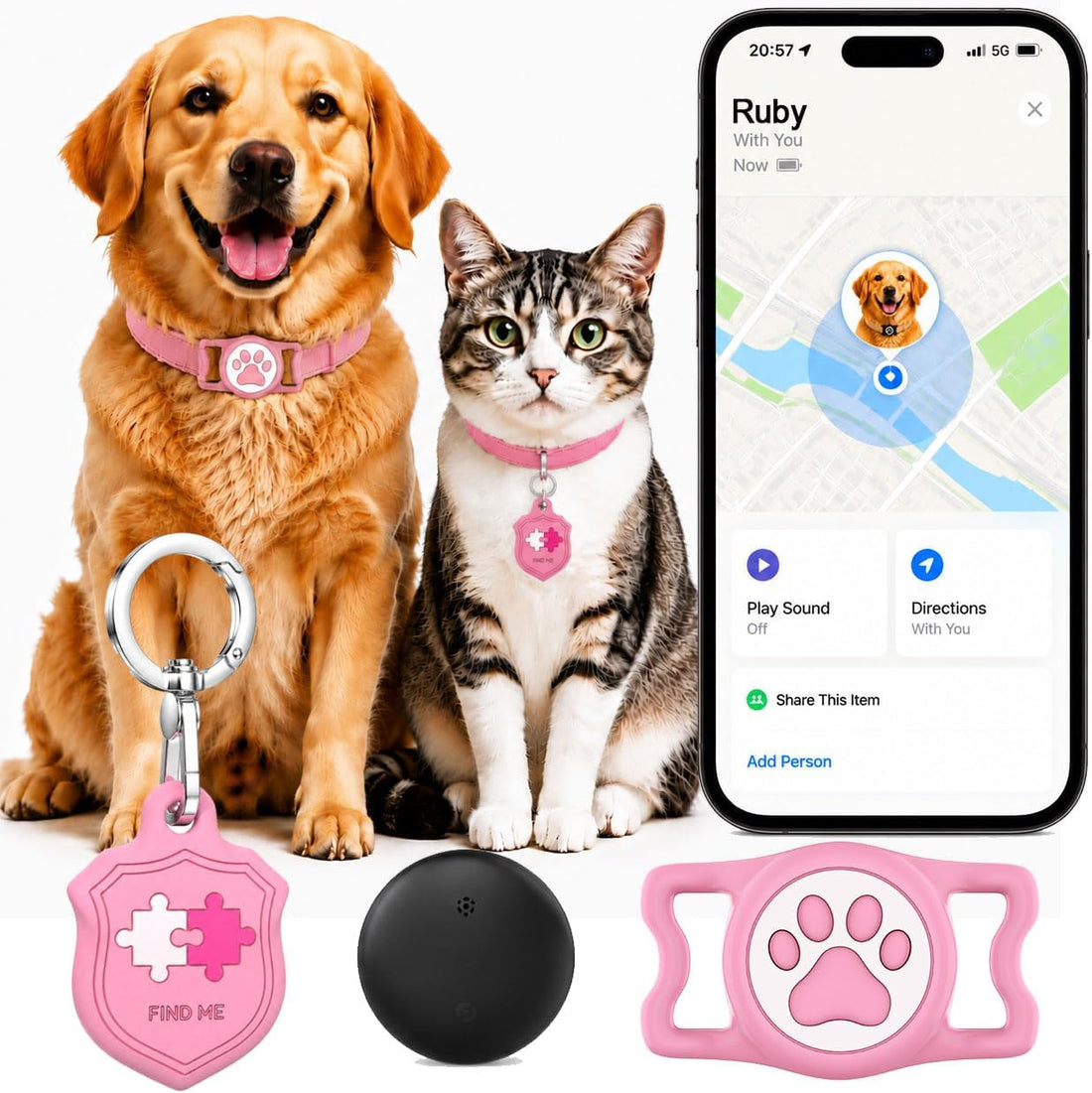 Dog Tracker with Apple Find My, GPS Pet Tracker for Dogs and Cats