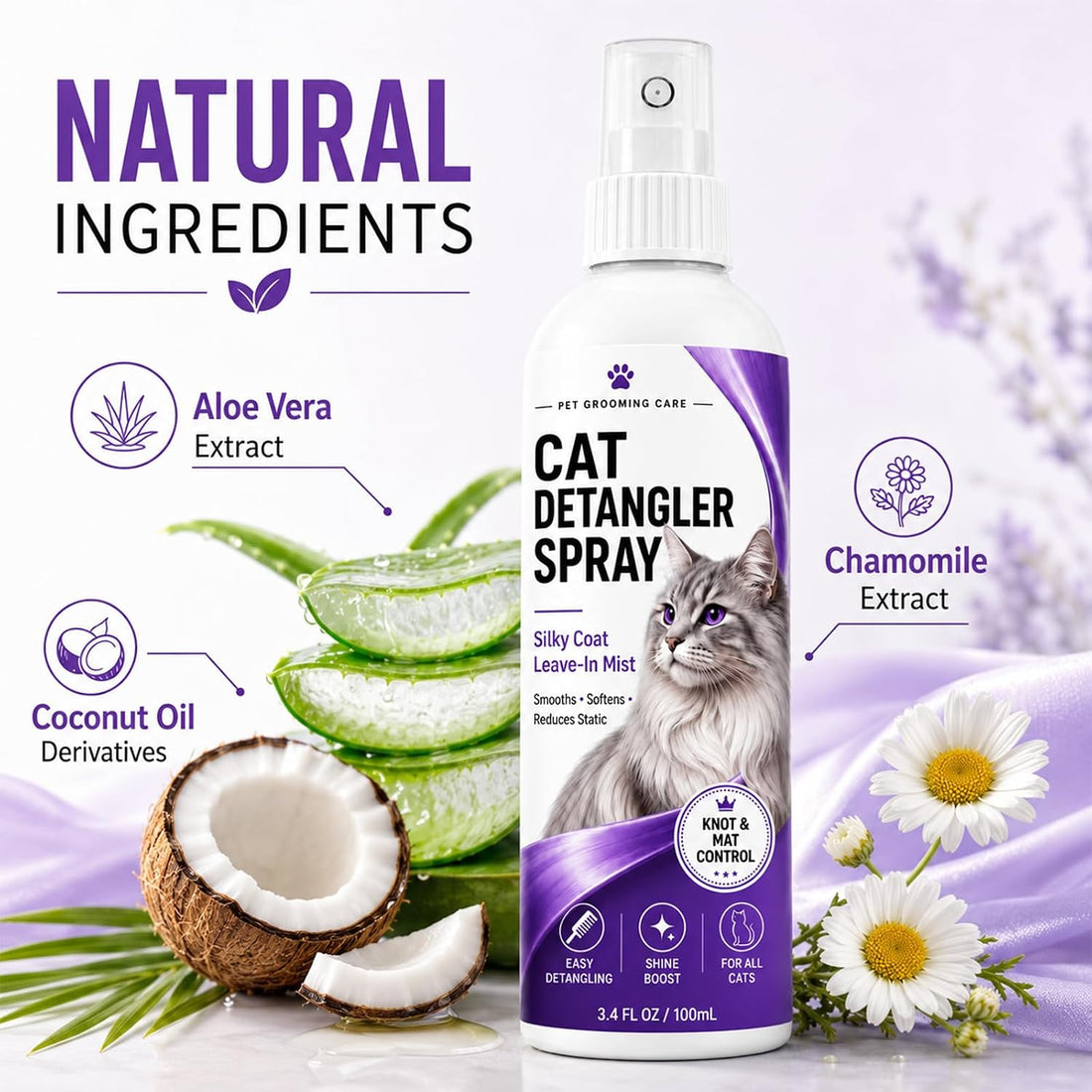 Cat Detangler Spray for Matted Hair, Leave in Pet Conditioner Spray