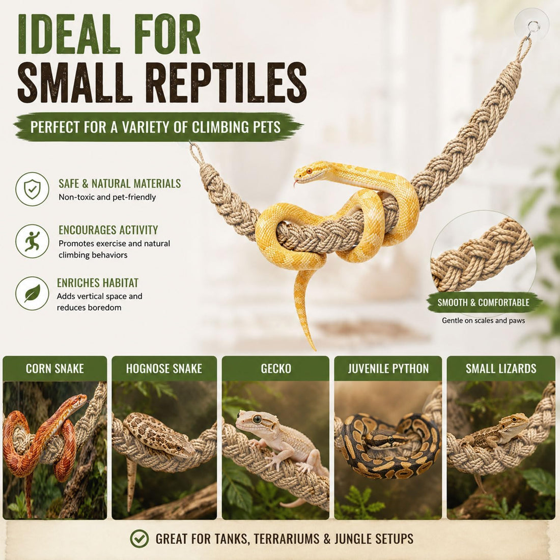 Ball Python Tank Accessories Snake Climbing Rope with Suction Cups