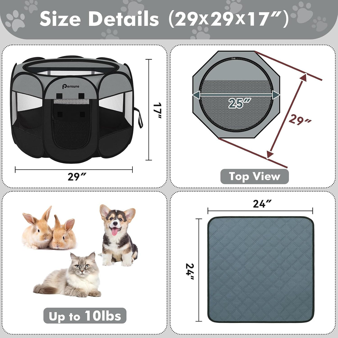 Persure Cat Dog Playpen Tent Crate Cage with Pee Pad, Dark Grey