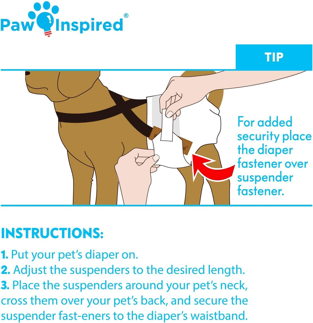 Paw Inspired Dog Diaper Suspenders, Hook & Loop Fasteners, M/L Size