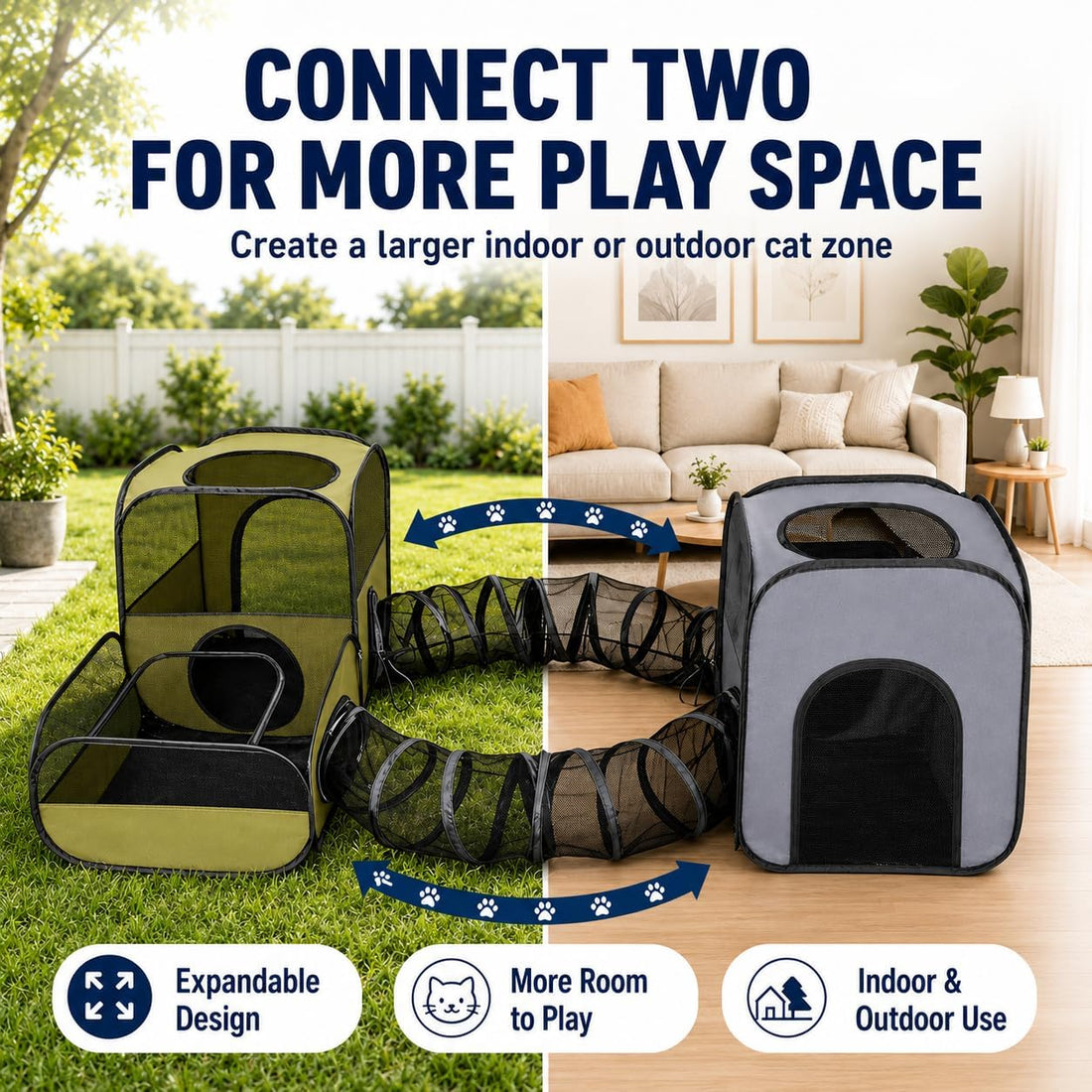 Cat Playpen with Tunnel, Foldable Indoor & Outdoor Cat Enclosure