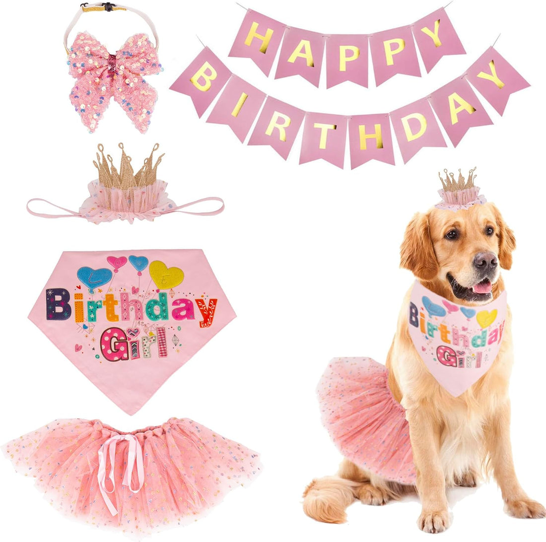 ADOGGYGO Dog Birthday Hat, Pink Birthday Girl Bandana & Tutu Set