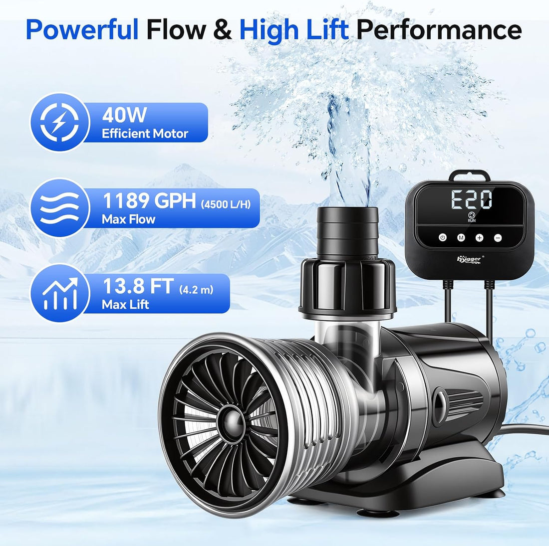 hygger 1189GPH 13.8FT 40W Water Pump