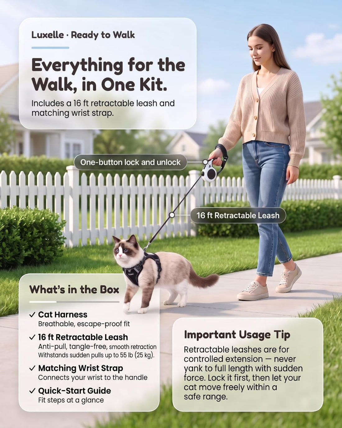Luxelle Escape Proof Cat Harness with Retractable Leash & Wrist Strap