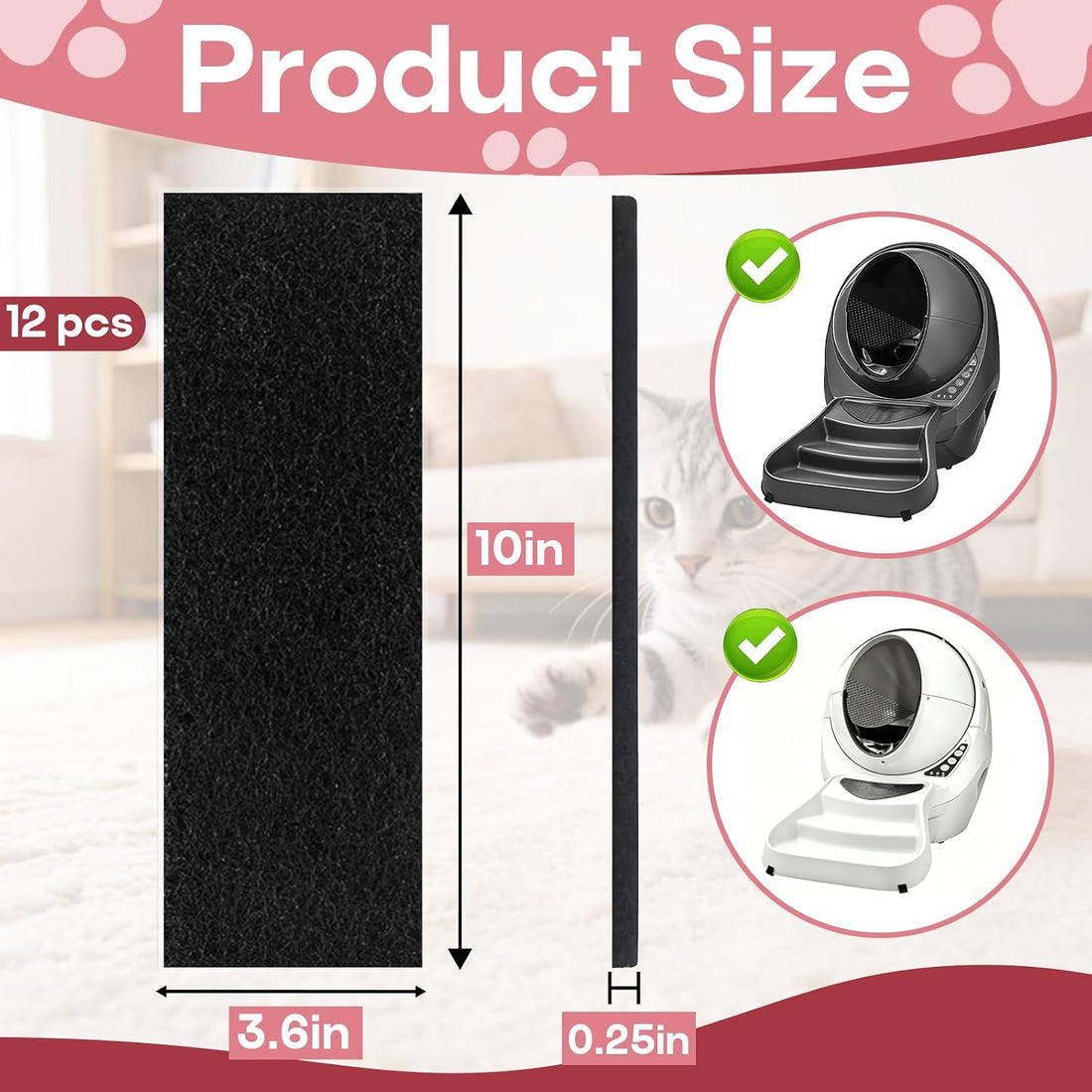 12-Pcs 10 x 3.6 x 0.25 in Activated Carbon Litter Box Filter