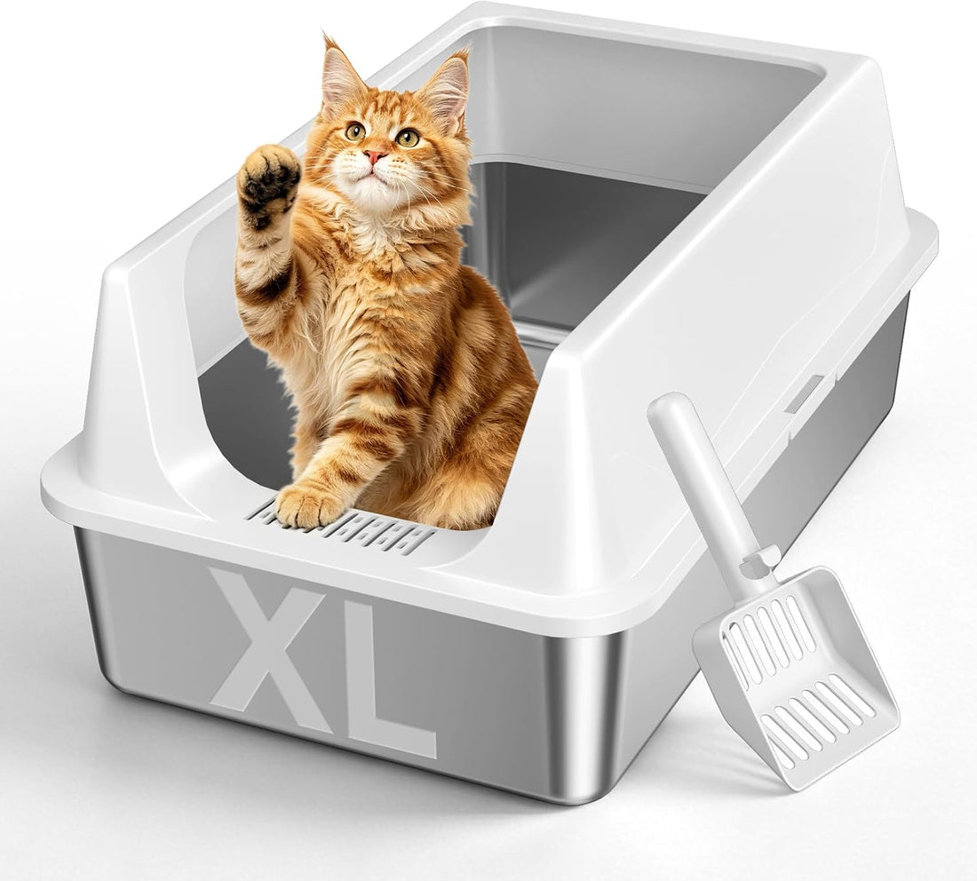 XL Open Top Stainless Steel Litter Box with High Sides,Light Gray