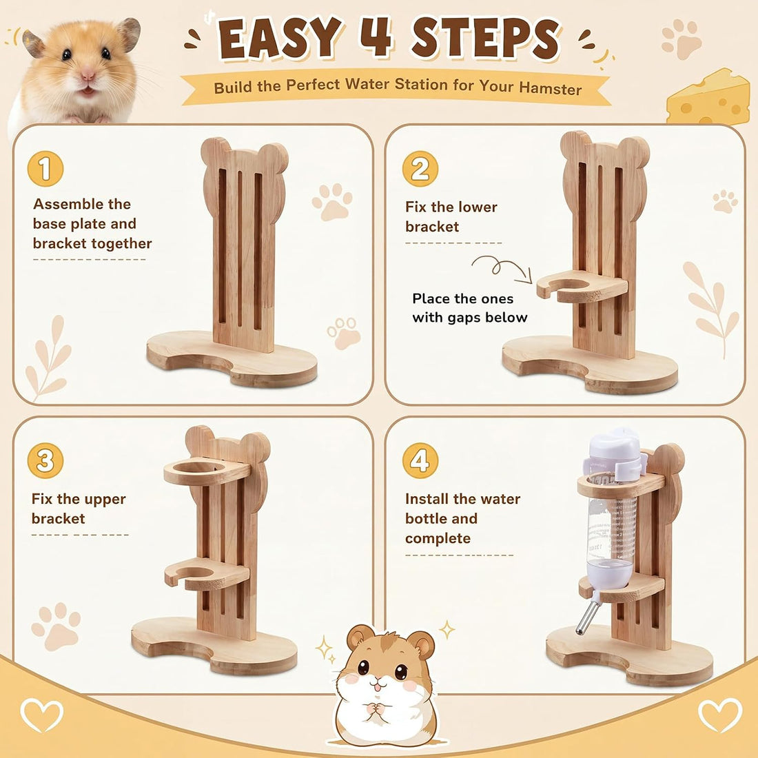 L, 11 Inch Wooden Silent Hamster Wheel with Water Bottle